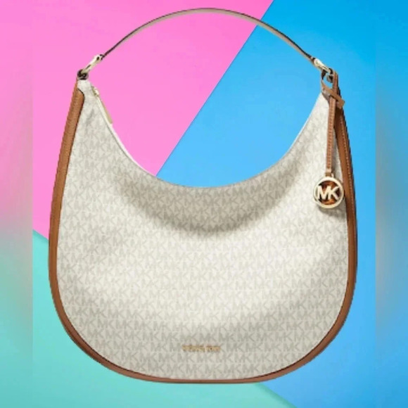 Michael Kors Jet Set Linda Acorn Leather Vanilla Monogram Large Hobo - Picture 3 of 12